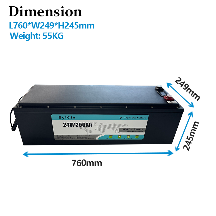 Dimensions and size chart of 24V 250Ah lawn tractor mower battery.